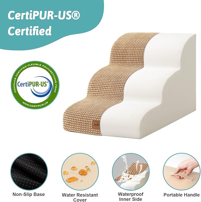 Dog Stairs for Small Dogs 15.7" H, Curved Dog Step for Puppy, Older Cat, Medium Pet Ramp for Sofa, Couch or Bed, Ladder with High Density Foam, 15.7x22.4x15.7 inch, 3 Step, Light Brown