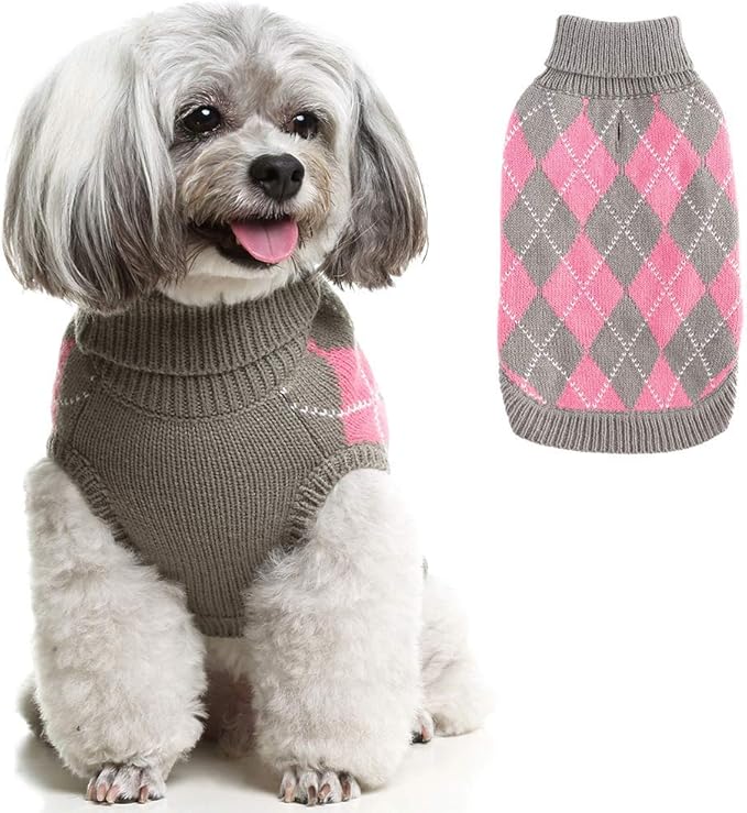 PAWCHIE Classic Dog Sweater Knit Turtleneck, Plaid Knitwear Sweaters, Warm Clothes for Small Dogs