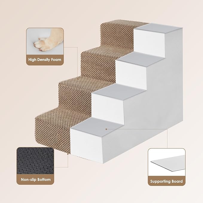 EHEYCIGA Dog Stairs for Bed 18”H, 4-Step Dog Steps for High Bed, Pet Steps for Small Dogs and Cats, Non-Slip Balanced Pet Ramp Indoor, Camel
