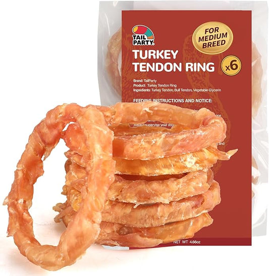 Turkey Tendons for Dogs, Medium Dogs Training Treats, Natural Long-Lasting Chews Sticks, High-Protein Beef Tendons, Healthy Hypoallergenic Beggin Ring【M】(6 Units/Pack, 4.66 oz)