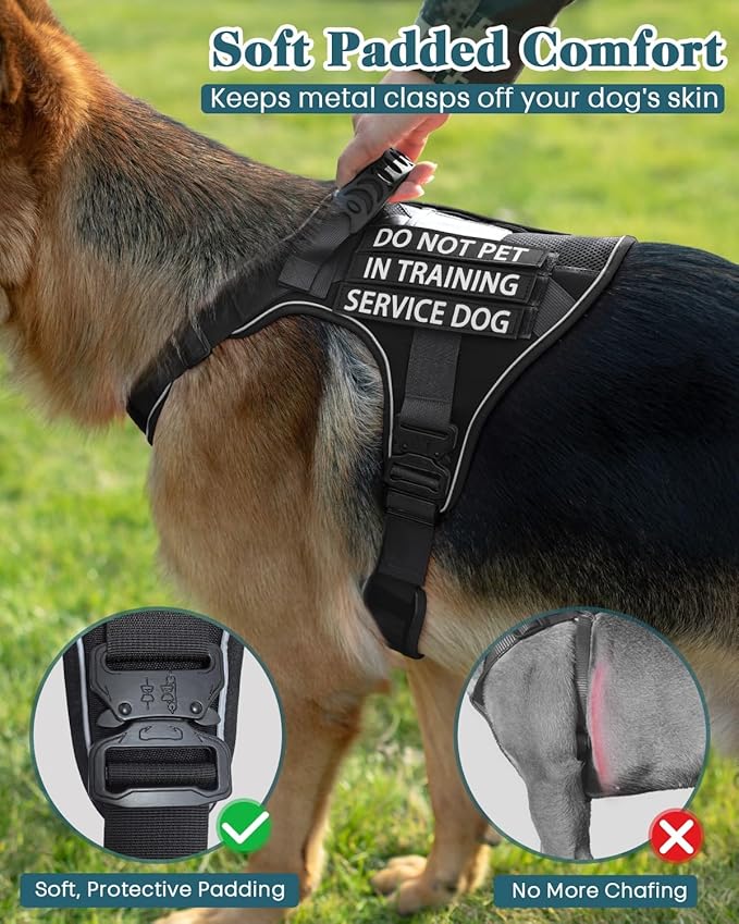 Reflective Service Dog in Training Vest Harness Leash Set for Extra Large Dogs, Adjustable Heavy Duty Black Padded Dog Harness, with Front Clip and Metal Buckles Do Not Pet for Training, Hiking