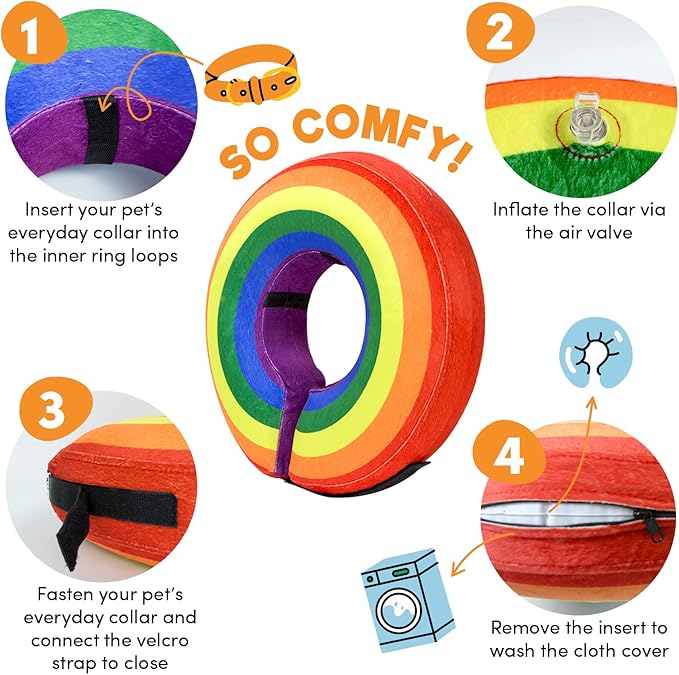 BENCMATE Protective Inflatable Collar for Dogs and Cats - Soft Pet Recovery Collar Does Not Block Vision (Large, Rainbow)