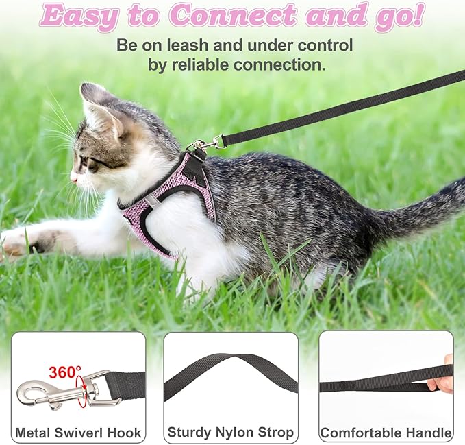 Cat Harness and Leash for Walking Escape Proof, Adjustable Kitten Vest Harness Reflective Soft Mesh Puppy Harness for Outdoor, Comfort Fit, Easy to Control (Lpink, XS)