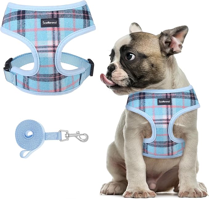 SCENEREAL Puppy Dog Harness with Leash Set for Small Medium Sized Dogs, Soft Mesh Step in Pet Harnesses and Leash, No Chock Plaid Adjustible No Pull Vest for Dogs Cats, Chihuahua,Bulldog (Blue M)