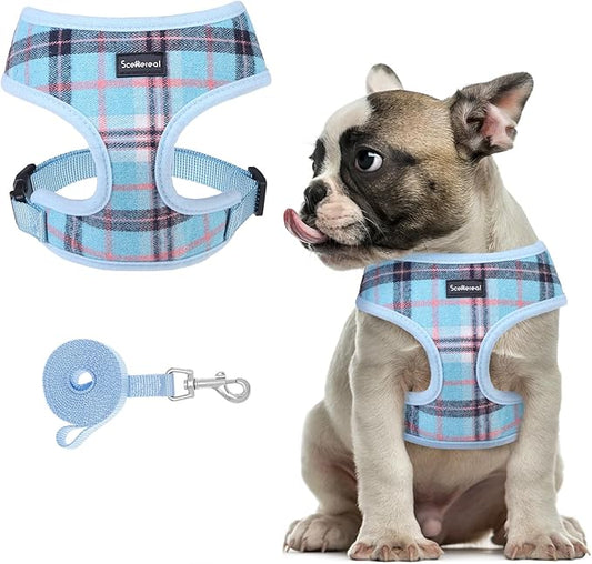 SCENEREAL Puppy Dog Harness with Leash Set for Small Medium Sized Dogs, Soft Mesh Step in Pet Harnesses and Leash, No Chock Plaid Adjustible No Pull Vest for Dogs Cats, Chihuahua,Bulldog (Blue M)