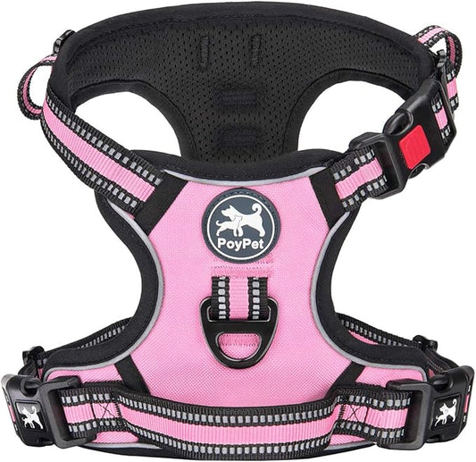 PoyPet No Pull Dog Harness, [Release on Neck] Reflective Adjustable No Choke Pet Vest with Front & Back 2 Leash Attachments, Soft Control Training Handle for Small Medium Large Dogs(Light Pink,S)