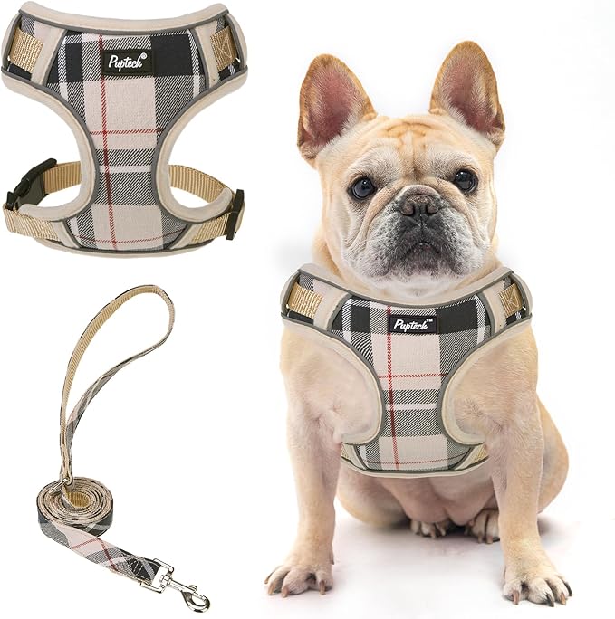 PUPTECK Dog Harness and Leash Set for Small Medium Dogs No Pull, Soft Mesh Adjustable Puppy Cat Harness Reflective at Night, Beige M