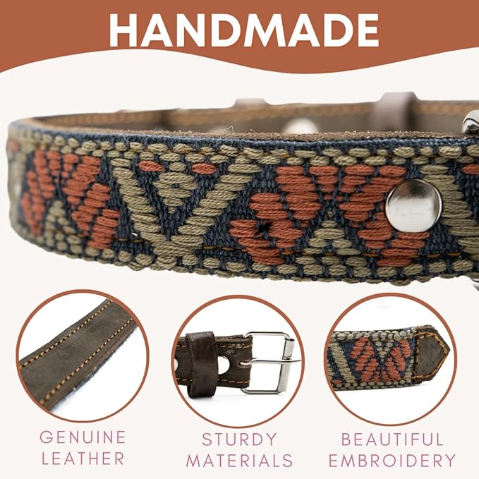 Western Dog Collar - Leather Embroidered Design for Small Medium Large Dogs & Puppy Pets - Aztec Southwest for Boy and Girl Female & Male Dogs - Collar para Perros (Small, Bronze Olive)
