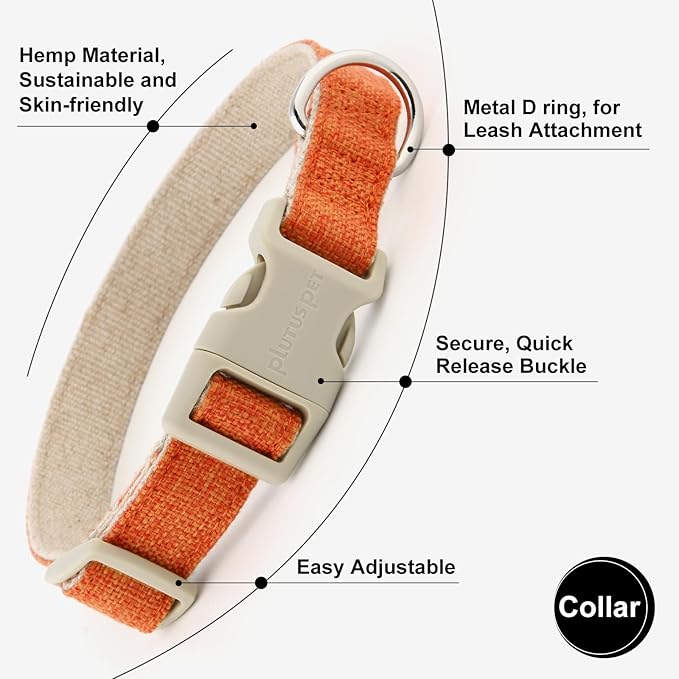 Plutus Pet Cotton Hemp Dog Collar and Leash Set, Adjustable Collar for Small, Medium, and Large Dogs, Heavy Duty and Soft on Skin, Orange, S