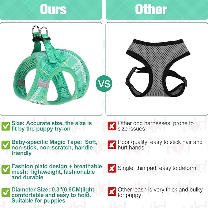 BEAUTYZOO Small Dog Harness and Leash Set,Step in No Choke No Pull Soft Mesh Dog Harnesses Reflective for Extra-Small Medium Puppy Dogs and Cats, Plaid Dog Vest Harness for XS S Pets, Teal XS