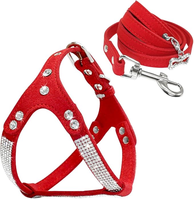 Beirui Soft Suede Leather Dog Harness and Leash Set - Rhinestone Dog Harness Sparkly Crystal Vest & 4 ft Lead for Small Medium Large Dogs Pets Poodle Beagle Corgi,Red,Chest for 17-20"
