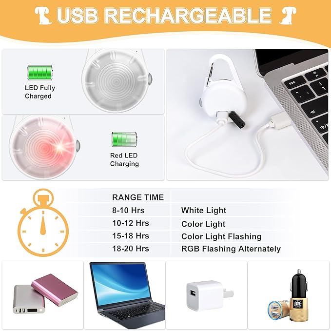 Dog Collar Light, 4 Modes Dog Lights for Night Walking, Rechargeable Pet Collar LED for Nighttime Clip on, IP68 Waterproof Pet Walking Accessories-2 Pack(White)