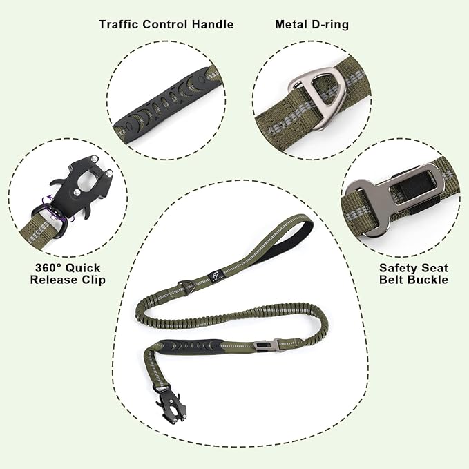 Raipult Tactical Heavy Duty Dog Leash,4-6FT Strong Bungee Dog Leashes with Frog Clip & Car Seatbelt，Reflective Walking Lead with 2 Handles for Medium Large Dogs,Green