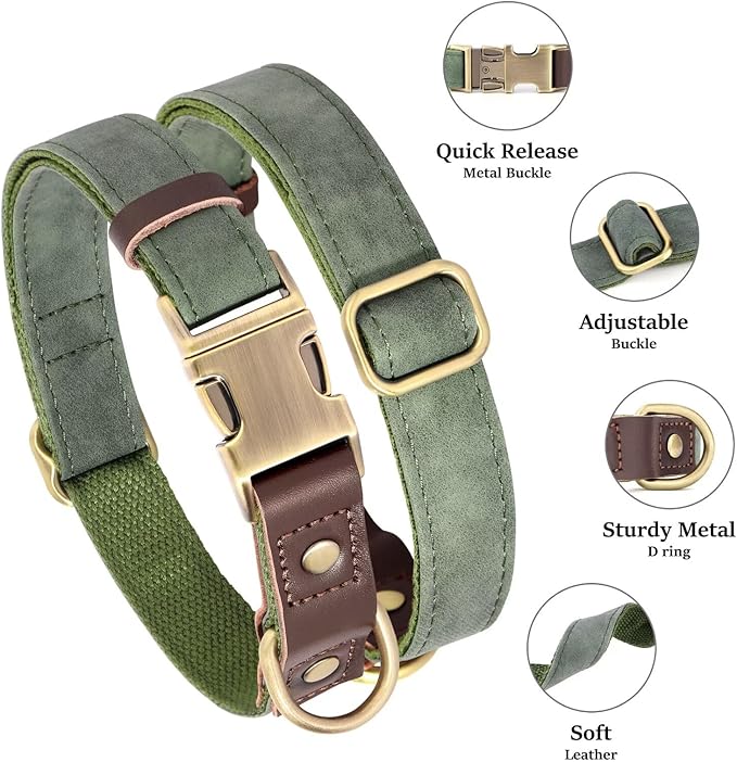 Didog Soft Padded Leather Dog Collar for Large Dogs,Classic Heavy Duty Dog Collars Adjustable with Quick Release Metal Buckle,Green,L Neck 15-23"