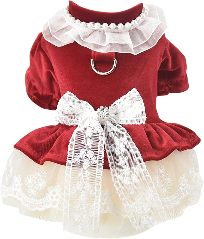 FLAdorepet Dog Christmas Costume Outfits,Red Velvet Small Dog Bowknot Pearl Dress Tutu Skirt, Winter Cat Clothes Pet Apparel(Red Bow, Medium)