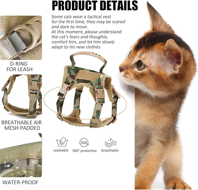 Tactical Cat Harness for Walking Escape Proof, Adjustable Pet Vest Harness, Soft Mesh with Control Handle for Large Cat Small Dog, Gift with Patch (Camouflage, cat Harness only)