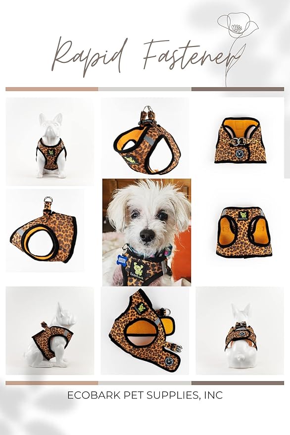 EcoBark Step in Dog Harness - Eco-Friendly Small Breed Dog Harnesses for XXS, XS, and Small Dogs - Reflective and Adjustable Mini Body Halter Vest - Tiny Soft Mesh Toy Breed Harness (Leopard, XS)