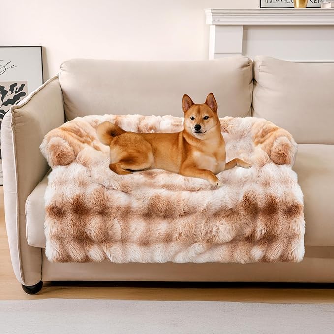 FUNNYFUZZY Calming Dog Bed Mat, Fluffy Fuzzy Couch Cover for Sofa, Furniture Protector with Removable Washable Cover for Large Medium Small Dogs and Cats (Tie-dye Brown,33.45 × 28.35 × 5.51 in)