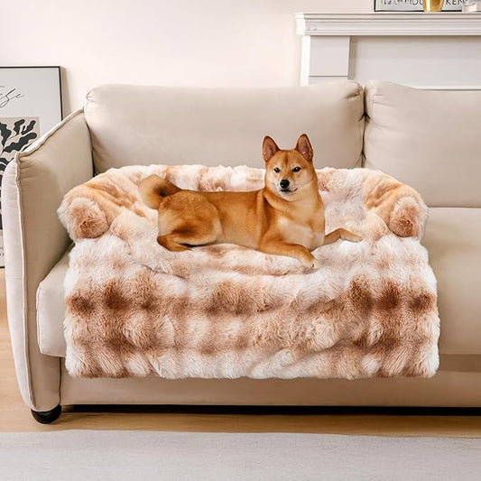FUNNYFUZZY Calming Dog Bed Mat, Fluffy Fuzzy Couch Cover for Sofa, Furniture Protector with Removable Washable Cover for Large Medium Small Dogs and Cats (Tie-dye Brown,33.45 × 28.35 × 5.51 in)