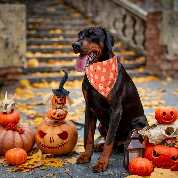 PTDECOR Halloween Dog Bandana, Ghost Pumpkin Design Reversible Holiday Dog Scarf, Triangle Halloween Bandanas for Large X-Large Dogs (X-Large)