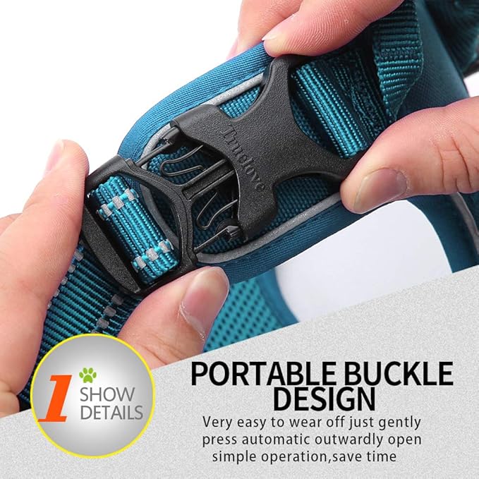 Soft Front Dog Harness .Best Reflective no Pull Harness with Handle and 2 Leash Attachments Teal Blue