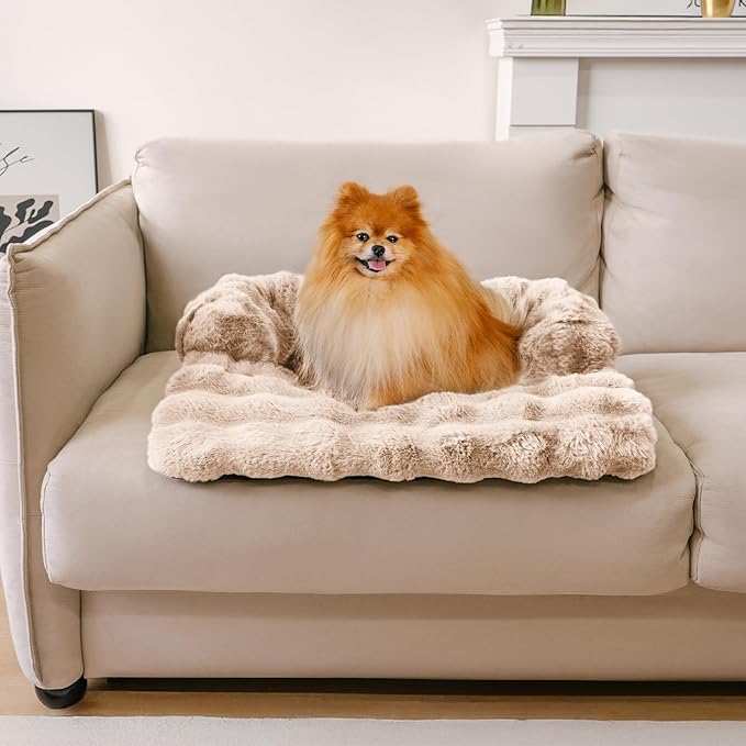FUNNYFUZZY Calming Dog Bed Mat, Fluffy Fuzzy Couch Cover for Sofa, Furniture Protector with Removable Washable Cover for Small Dogs and Cats (Coffee,27.56 × 24.02 × 5.51 in)