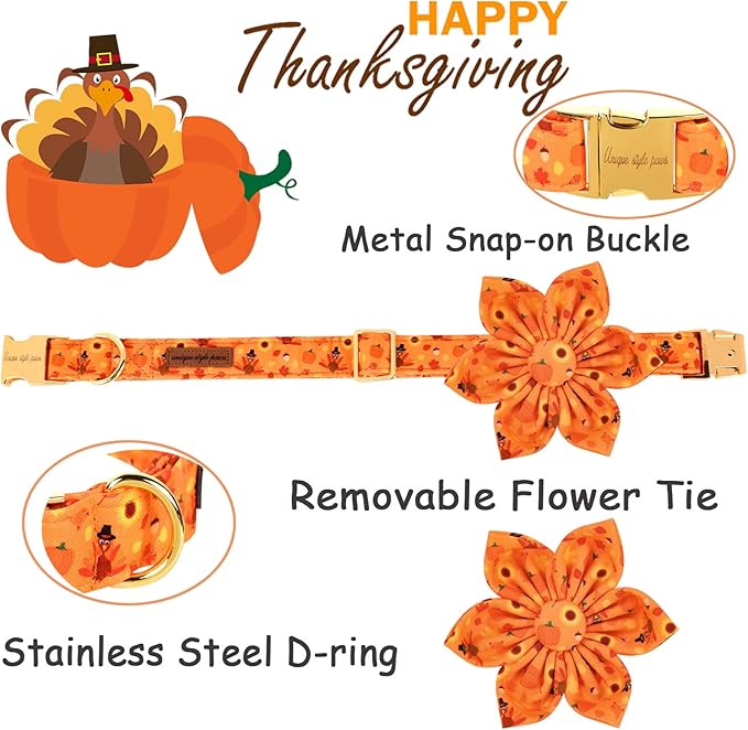 Unique style paws Halloween& Dog Collar with Flower Tie Pumpkin Cotton Collar Adjustable Puppy Collar Best Thanksgiving Gift for Small Medium Large Dogs-Turkey & Pumpkin Theme-S