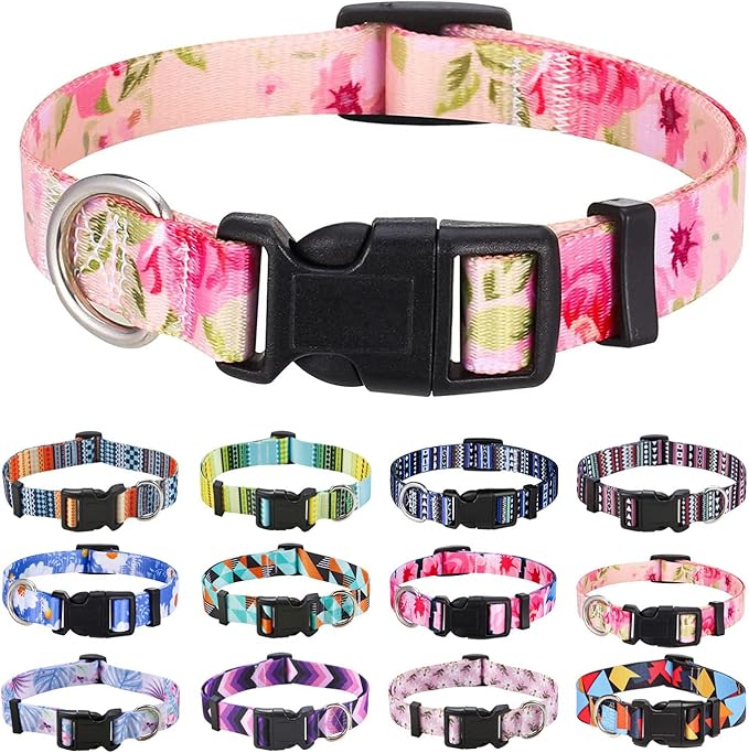 Dog Collar with Bohemia Floral Tribal Geometric Patterns - Soft Ethnic Style Collar Adjustable for Small Medium Large Dogs (Pink Rose,XS)