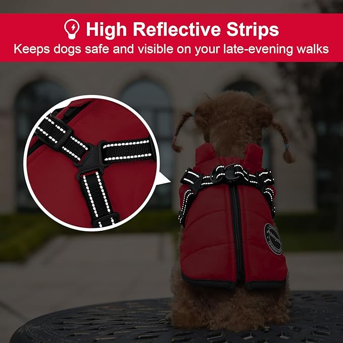 Dog Winter Coat, Warm Dog Jacket Reflective Adjustable Dog Fleece Vest with Harness Built in, Waterproof Windproof Dog Snow Jacket Snowsuit with Zipper for Small Medium Dogs, Red XS