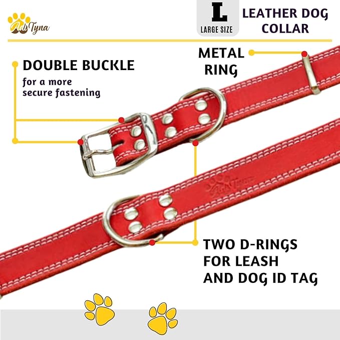 ADITYNA Heavy Duty Red Leather Dog Collar for Large Dogs - Soft and Strong Leather Collar for Walking and Training
