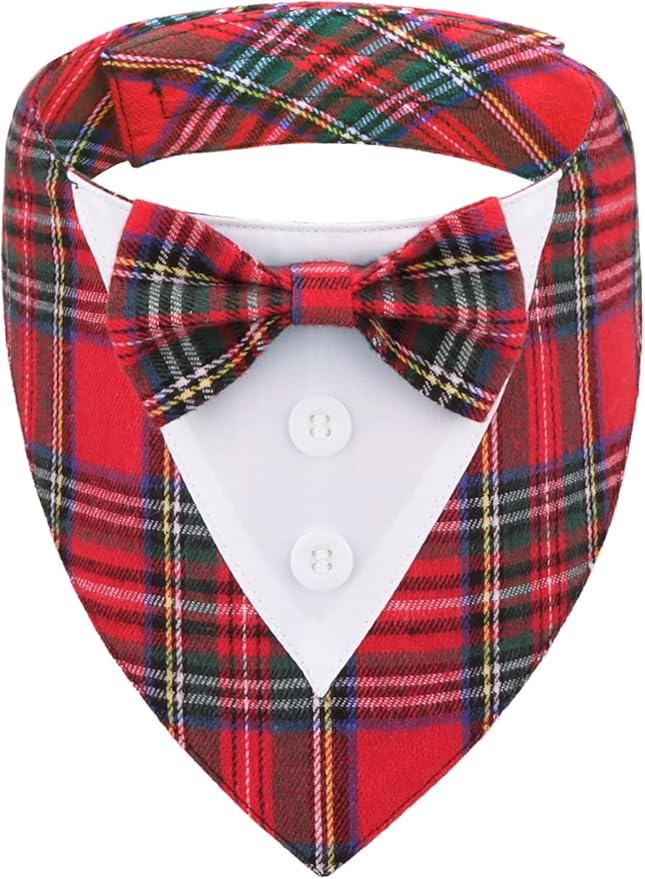 Adjustable Red Plaid Christmas Dog Tuxedo Bandana with Bow Tie - Holiday Pet Outfit Costume for Dogs XS to XL