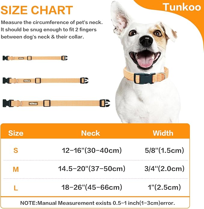 Tunkoo Orange Plaid Dog Collar Premium Cotton - Adjustable Collar with Strong Plastic Bucle Gifts for Small Medium Large Girl Boy Dogs, S