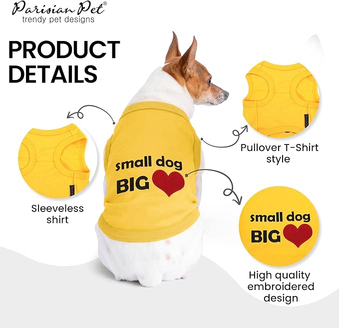 Parisian Pet Dog T-Shirt - Embroidered “Small Dog Big Heart” - 100% Cotton, Cute Dog Tank Top - Sleeveless Pet Vest - Shirts for Medium-Sized Dogs - L