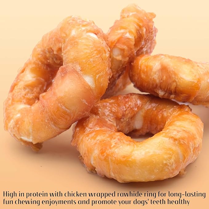 ASMPET Dog Treats Small Dogs, Chicken Wrapped Rawhide Donuts Healthy Natural Dog Chews Long Lasting Cleaning Teeth Grain Free for Medium Large Breed(Pack of 4 10.6 oz)