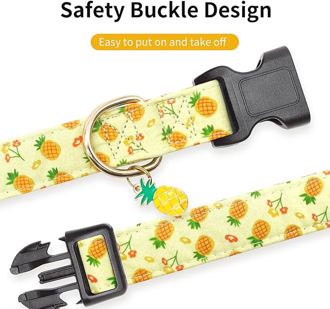 Cotton Dog Collar,Soft and Cute Puppy Collars with Pineapple Patterned Design for Girl Female Boy Dogs,Adjustable Buckle Pet Collar for Small Medium Large Dogs (Green Pineapple, S)