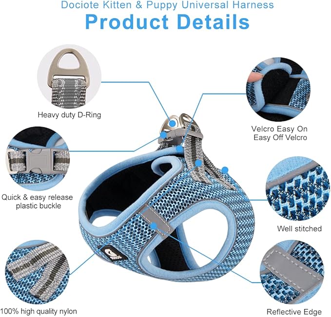 Dog and Cat Universal Harness with Leash - Cat Harness Escape Proof - Adjustable Reflective Step in Dog Harness for Small Dogs Medium Dogs - Soft Mesh Comfort Fit No Pull No Choke Light Blue XS