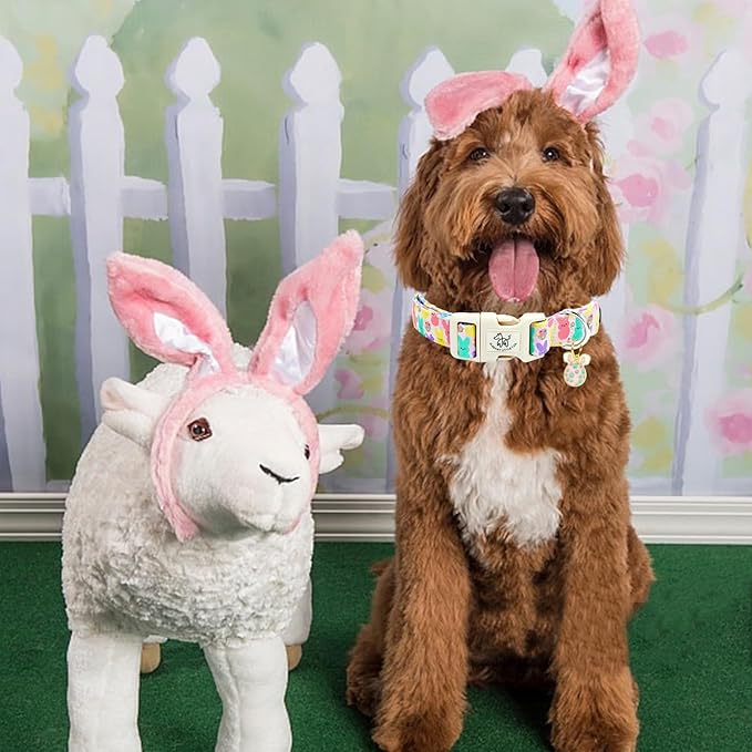 Elegant little tail Easter Dog Collar,Bunny Pattern Pet Collar Pink Durable Holiday Female or Male Adjustable Cotton Pet Collar with Quick Release Buckle for Large Dogs