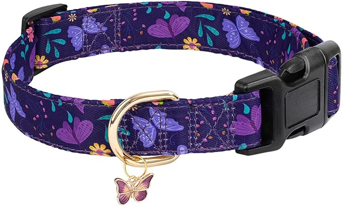 Dog Collars with Buckle Adjustable for Cute Girl Female Boy Dogs,Special Soft and Fancy Dog Pet Collar with Flower Design for Small Medium Large Dogs (Medium, Purple Butterfly)