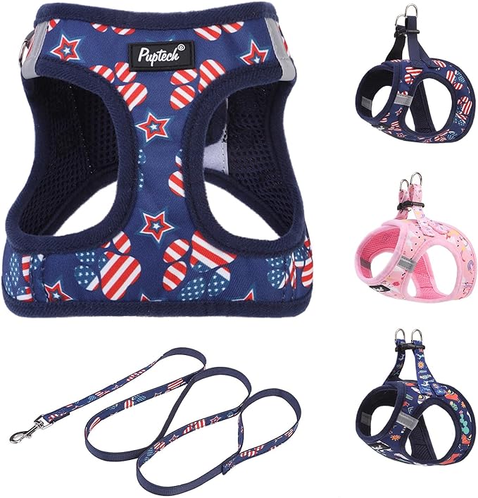 PUPTECK Dog Harness and Leash Set for Small Medium Dogs No Pull Step-in Soft Mesh Puppy Cat Vest Harnesses Reflective at Night, Stars and Strips, Blue, S