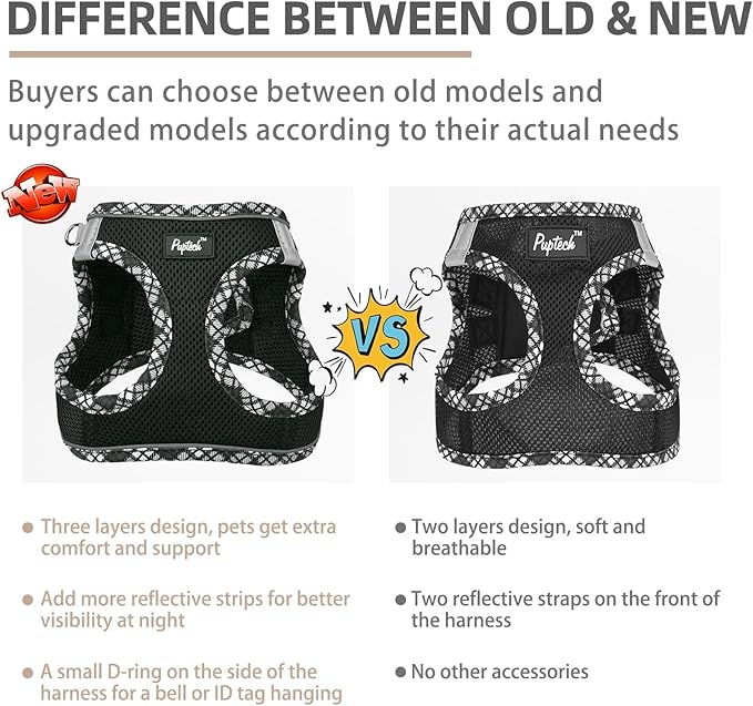 PUPTECK Dog Harness and Leash Set for Small Medium Dogs No Pull Step-in Soft Mesh Puppy Cat Vest Harnesses Reflective at Night, Upgraded New Black L