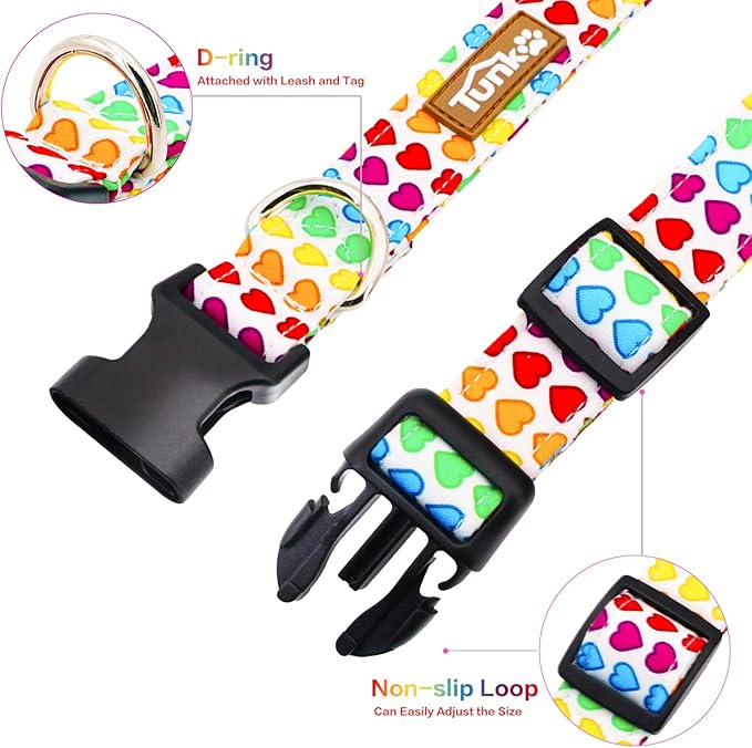 Tunkoo Pride Dog Collar with Colorful Heart, Cute Adjustable Premium Cotton Collar Durable Plastic Buckle for Valentines Day Small Medium Large Boys Girls Dogs, S