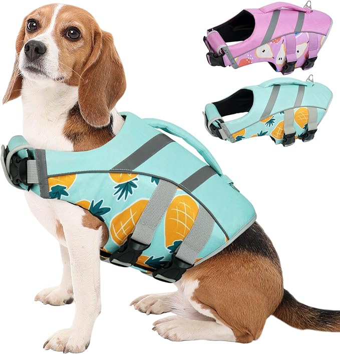 Kuoser Dog Life Jackets for Medium Dogs, Dog Life Vests for Swimming, Reflective Dog Life Vest Beach Boating with High Flotation, Dog Swim Vest for Medium Dogs, Pineapple L