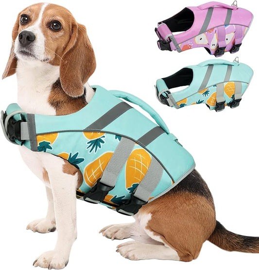 Kuoser Dog Life Jacket XL, Large Dog Life Vests for Swimming Boating, Reflective Dog Water Vest with High Flotation, Dog Swim Vest for Large Dogs, Pineapple XL