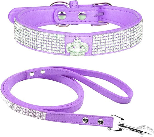Rhinestone Dog Collar, Cute Dazzling Sparkling Soft Suede Leather Dog Cat Rhinestone Collar Crystal Diamond Pet Dog Puppy Collar (S, Purple-4)