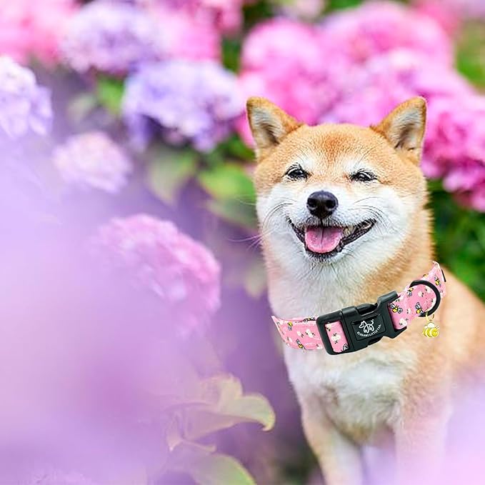 Elegant little tail Dog Collar, Cute Bees Pattern Pet Collar Pink Durable Holiday Female or Male Adjustable Cotton Pet Collar with Quick Release Buckle for Large Dogs