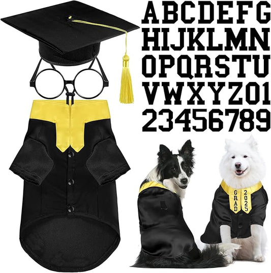 5 Pcs Dog Graduation Costume Set Include 2025 Pet Graduation Gown with Stole Puppy Grad Cap Lensless Glasses DIY Letter Stickers for Dogs Cats Holiday Costume Accessory(Black Yellow,XL)