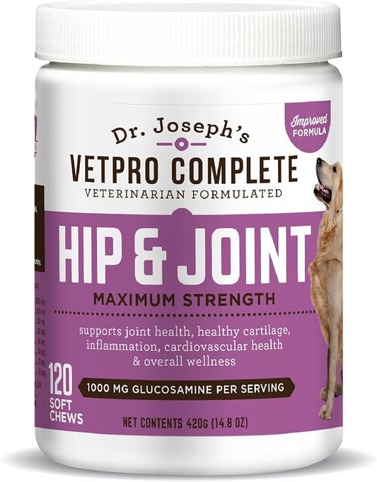 Dr. Joseph's VetPro Complete Dog Hip and Joint Supplement, 120 Count, Chicken Flavored Pain and Inflammation Relief Chews with Glucosamine, Chondroitin, MSM, Turmeric, Vitamin C, Omega 3