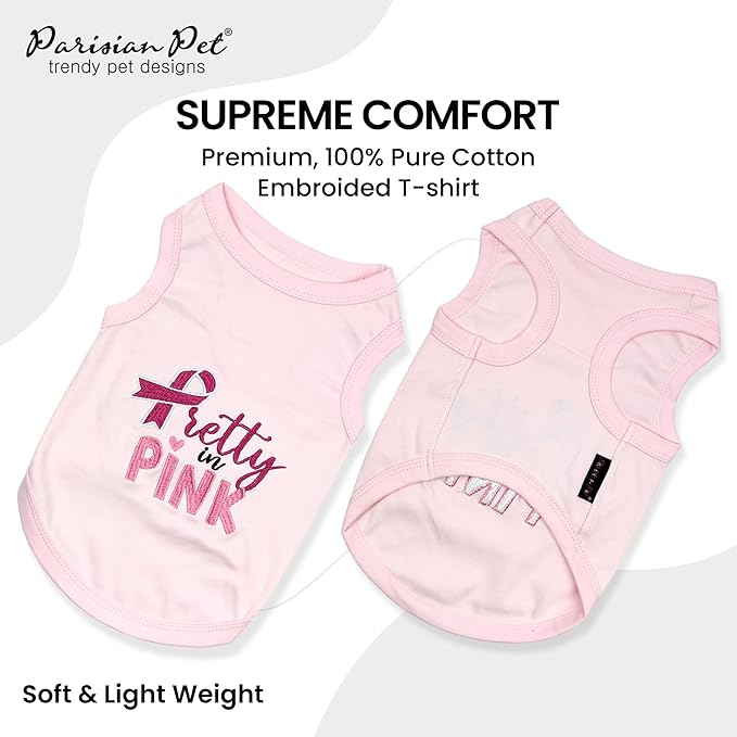 Parisian Pet Dog Tshirt - Embroidered “ Pretty in Pink “ Dog Shirt - Breathable and Lightweight Dog Clothes - Sleeveless Dog Tee Shirts - Machine Washable Dog Shirts for Small Dogs Girl -XS