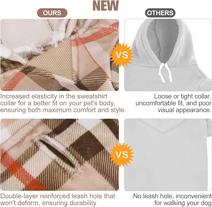 BEAUTYZOO Plaid Dog Hoodie for Small Medium Large Dogs, British Style Soft and Warm Dog Sweater with Leash Hole, Hooded Cold Weather Clothes, Dog Sweatshirt, Outfits, Winter Coat for Puppy Girls Boys