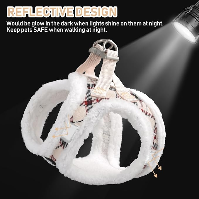 GAMUDA Small Dog Harness Collar and Leash Set, Step in No Chock No Pull Soft Mesh Adjustable Dog Vest Harnesses Plaid Reflective for Dogs Puppy Cats Kitten Rabbit (Warm Beige, M)